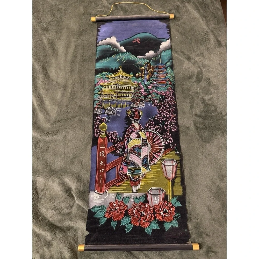Vintage Japanese Velvet Wall Scrolls Mt. Fuji Tiger Samurai Peacock Geisha